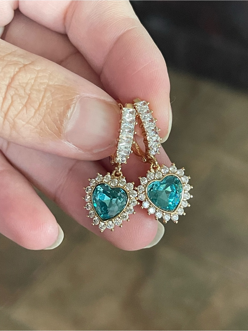 Gold Heart Drop Earrings with Aquamarine Crystal and Clear Stones